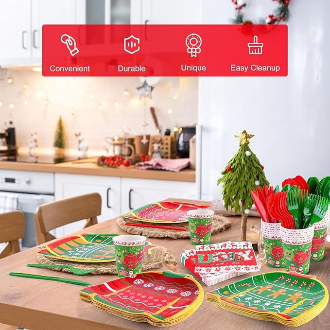durony 168 Pieces Ugly Sweater Christmas Paper Plates Ugly Sweater Party Decorations Xmas Disposable Dinnerware Set Ugly Party Plates Napkins Cups Cutlery Party Supplies Set, Serves 24 Guests