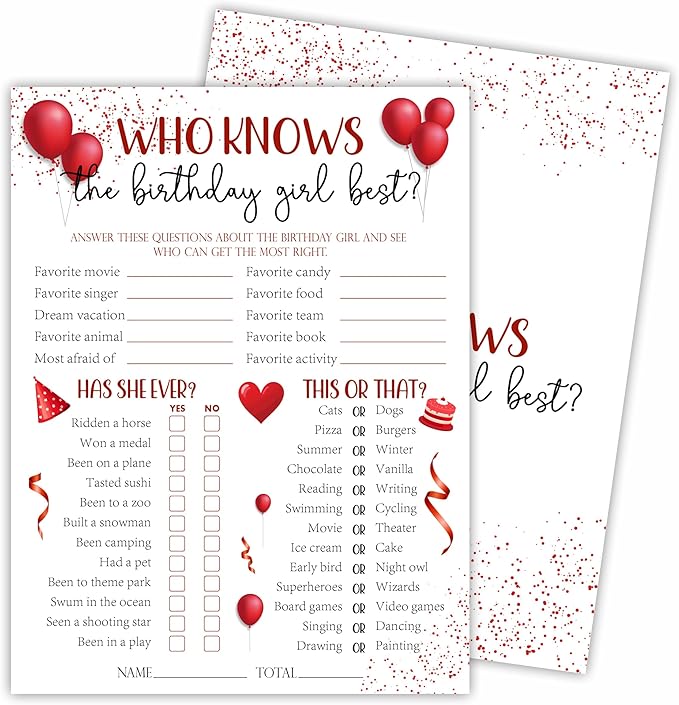 6"X8" Who Knows The Birthday Girl Best - Balloons & Confetti - Funny Double-Sided 3-in-1 Game Card Set For Girls Birthday Party, Sleepover Party Activities, Favor & Supplies (20 Pcs)- A05