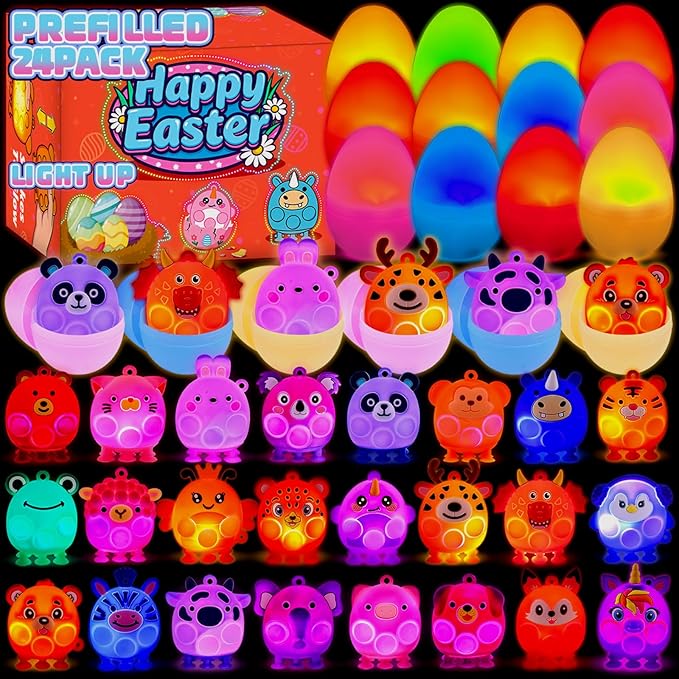 Prefilled Easter Eggs with Light Up 3D Animal Pop Toys, 24 Pack Easter Eggs Filled, Easter Basket Stuffers for Toddler Eggs Hunt, Glow in The Dark Easter Egg, Easter Gifts for Kids