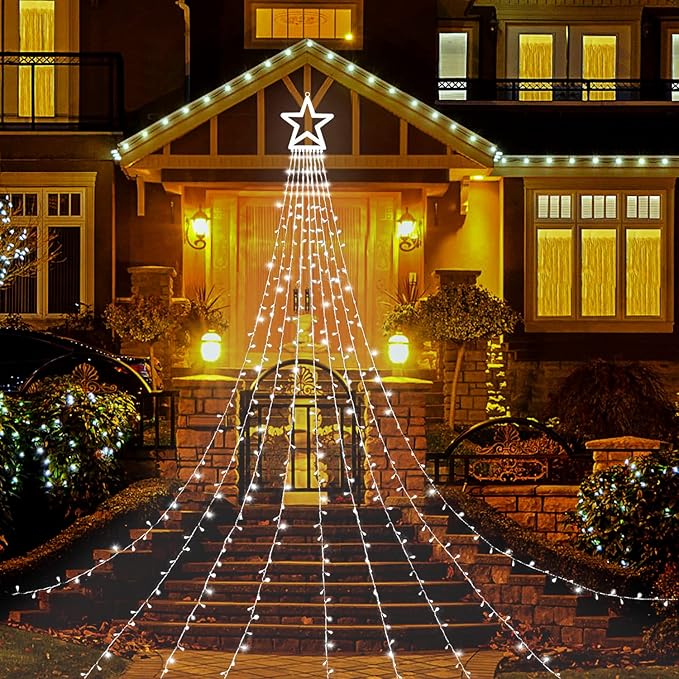 FUNIAO (Upgraded Christmas Decoration Outdoor Star String Lights, 320 LED Christmas Tree Topper Lights with 12" Lighted Star for Halloween Christmas New Year Holiday Garden Yard (White)