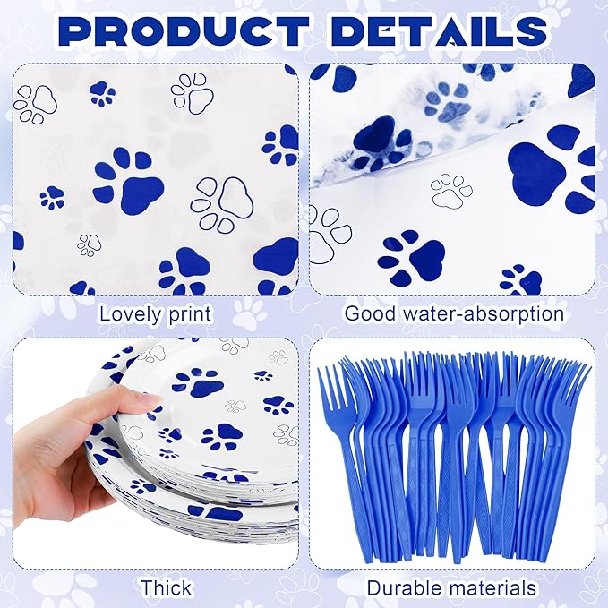 Kochorie 144 Pieces Blue Paw Print Party Tableware Sets Including Disposable Plates Napkins Cups Forks Serves 24 for Dog Puppy Theme Party Supplies