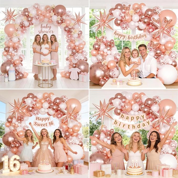 Rose Gold Balloon Arch Kit Garland, Rose Gold Birthday Decorations for Girls Women Bachelorette Bridal Shower Baby Shower Bridal Shower 2026 Graduation Party Anniversary Decorations