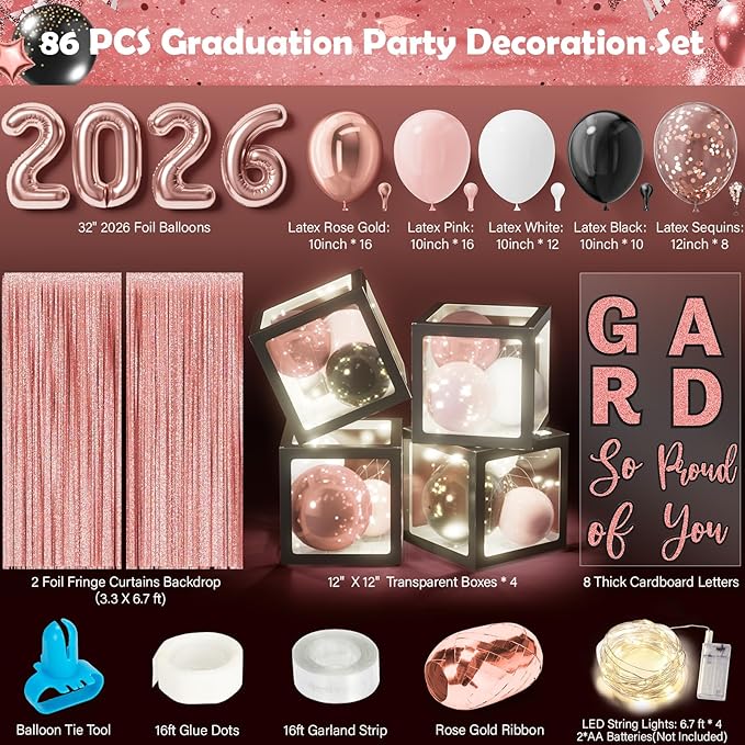 Graduation Party Decorations Class of 2026, 86PCS Pink Black Graduation Party Supplies High School College Grad Balloon Boxes with Letters, Foil Curtains, LED String Light, Balloon Garland Kit