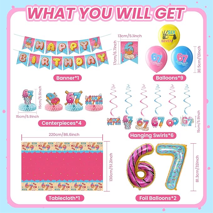 6 7 Themed Birthday Party Decorations, 6 7 Meme Decorations, Includes Foil Balloon, Banner, Hanging Swirls, Latex Balloons, Tables Centerpieces, Tablecloth for Six Seven Kids Boy Girl