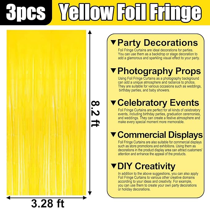 3 Pack Yellow Foil Fringe Curtain Backdrop, 3.28Ft x 8.2Ft Metallic Tinsel Foil Fringe Streamer Curtains for Photo Booth, Mother's Day, Easter, Birthday, Wedding Party Decorations