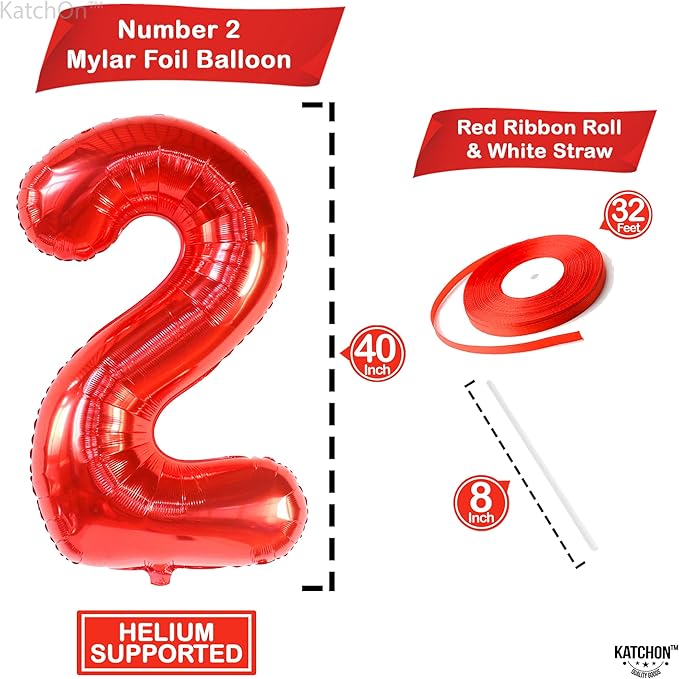 KatchOn, Giant Red Number 2 Balloon - 40 Inch | Mylar Foil 2nd Number Balloons For Happy Birthday Decorations | Red 2 Balloon Number For Anniversary Decorations | Birthday Party Decoration