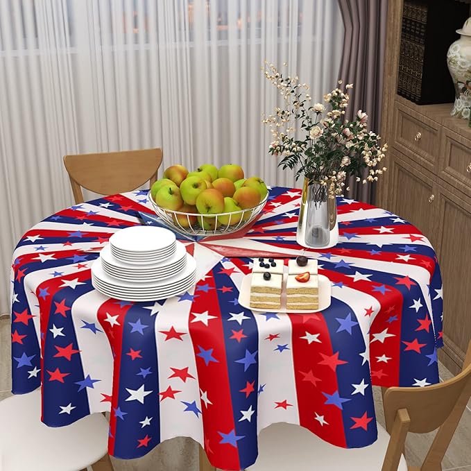 4th of July Tablecloth 60 Inch Round Memorial Day Patriotic Tablecloth Washable Polyester Fabric American Flag Table Cloth Independence Day Table Cover For Dining Room Picnic Kitchen Outdoor Decor