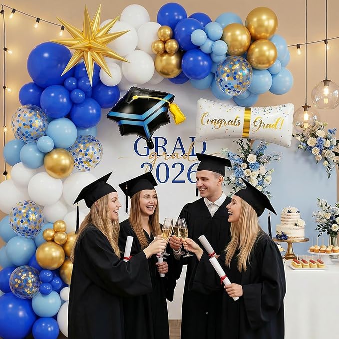 Blue Gold White Balloons Arch Kit, Blue White Balloon Arch with 4D Gold Star Graduation Certificate and Cap Foil Balloon, Royal Golden Confetti Balloons for 2026 Graduation Decoration Birthday Party