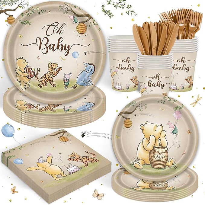 120PCS Vintage Winnie Bear Party Supplies for Kids Brown Birthday Party Set Baby Shower Bear Decorations Plates Napkin Cups Tableware Set for 20 Guests