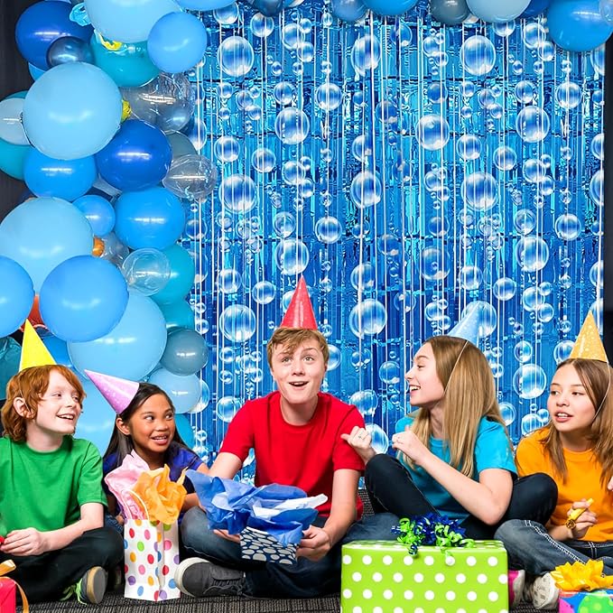 Under The Sea Party Decorations Ocean Balloon Garland Arch Kit, 135 PCS Blue Bubble Foil Fringe Curtains Backdrop Tinsel Streamer Photo Booth Props Mermaid Beach Themed Birthday Party Decor Supplies