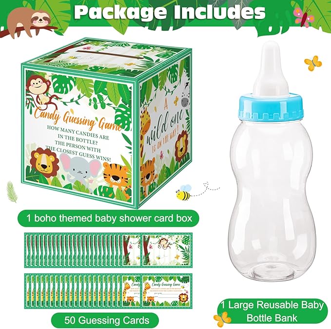 Glenmal 52 Pcs Baby Shower Games Gift Sets Large Baby Bottle for Shower Game Guess How Many Candies Decorations for Gender Reveal(Forest Animal)