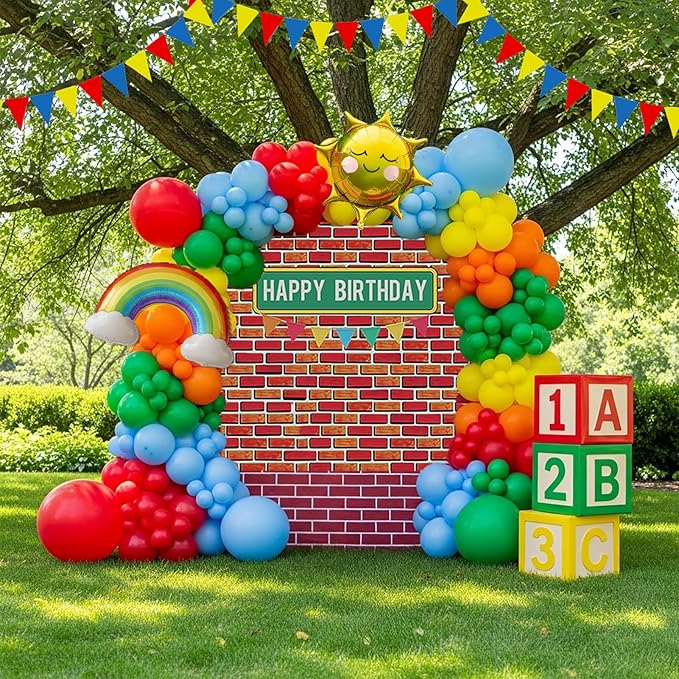 Sesame Friends party decorations Kit with cartoon Theme primary color Balloon and ABC123 Box brick wall birthday backdrop for kid birthday Kindergarten pre k back to school supplies