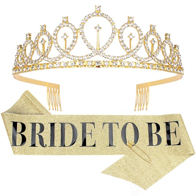 CIEHER Bride To Be Decorations - Gold Crown & Bride Tiara, Bridal Shower & Bachelorette Party Decorations