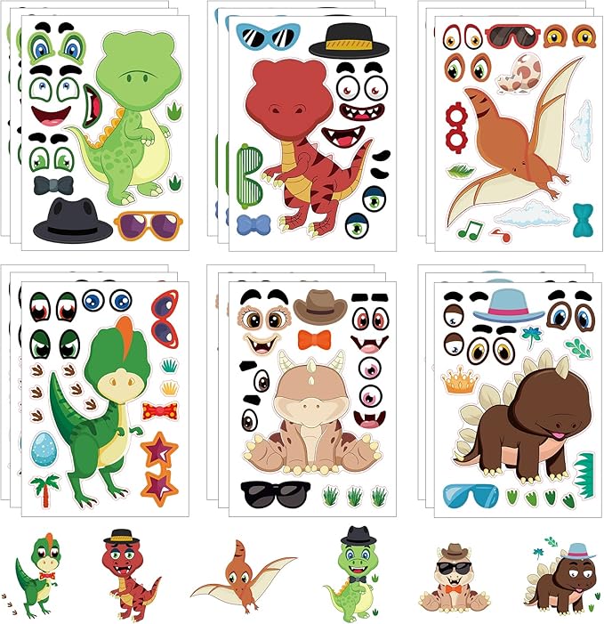 24 Sheets Dinosaur Make a Face Sticker Sheets for Kids Todders Activities, Make Your Own Stickers for Kids Birthday Party Favor Supplies Craft