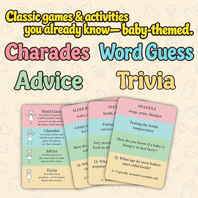 Fun & Easy Baby Shower Group Games Deck - Charades, Trivia, Word Guess, Advice - Easy to Play - 4 Activities in 1 Deck - Fun Icrebreaker for Baby Shower Boy Or Girl - Baby Shower Games