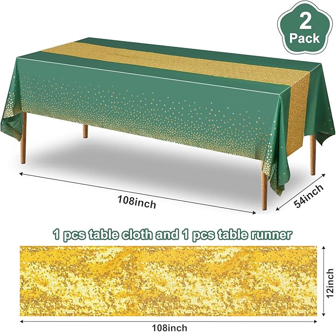 Irenare Tablecloth and Sequin Table Runner Set Polka Dots Confetti Table Cover Dining Plastic Tablecloths Glitter Decorations for Birthday Wedding Anniversary Party Supplies(Green, Gold,2 Pcs)