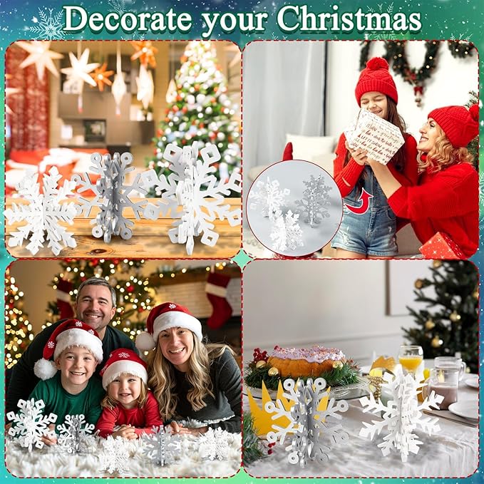 OuMuaMua Winter Christmas Centerpiece Table Decorations - 12pcs Wooden Snowflakes Decor 3D Silver White Snowflake Tabletop Decor for Xmas Holiday Tiered Tray Winter Farmhouse Decor