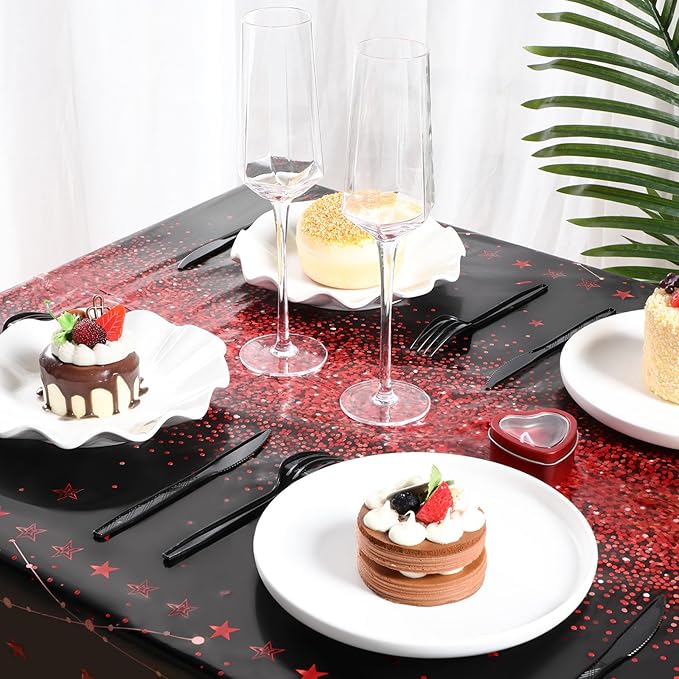 Tudomro 3 Pcs Happy Birthday Tablecloths Happy Birthday Party Decorations Plastic Table Cover Rectangular Cloths for Women Men Baby Shower Party Supplies, 108 x 54 Inch (Black Red)
