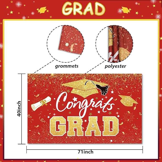 Graduation Party Decorations - Red Gold Congrats Grad Class of 2026 Backdrop Banner Large Sign Wall Decorations Photography Background Party Supplies for 2026 Graduation Party Decorations