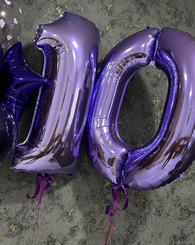 40 Inch Number Balloons, Purple Balloons 10th Birthday Decoration For Woman Man, Foil Number 10 Ballon for 10, 100 Anniversary, Bridal Shower, Graduation, Wedding, New Year, Valentine's Day