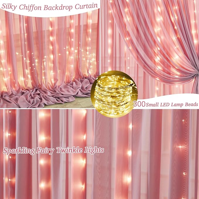 10ft x 10ft Dusty Rose Chiffon Backdrop Curtain with Lights String for Parties,2 Panels Sheer Tulle Curtain Wedding Photo Backdrop with Lights for Baby Shower Birthday Party Ceremony Home Decorations