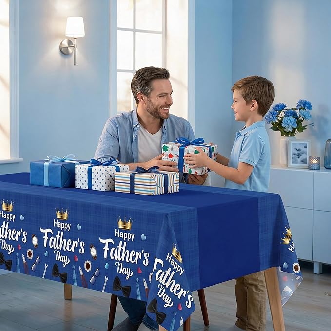 3-Pack Father's Day Tablecloth, Fathers Day Party Decorations, 54" x 108" Blue Plastic Disposable Table Covers, Father's Day Party Supplies