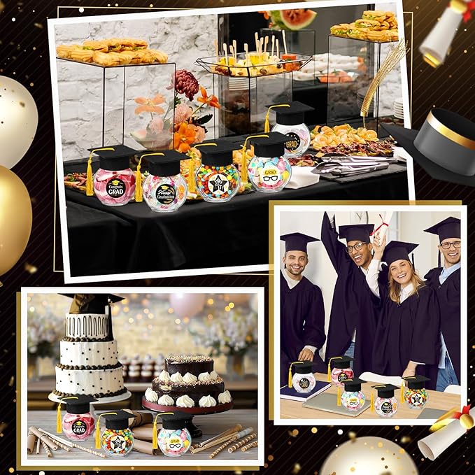 20 Sets Glass Graduation Cap Candy Jars Class of 2026 Graduation Party Decorations Candy Boxes Containers with Sticker for 2026 Grad Ceremony Party Supplies DIY(Black and Gold)