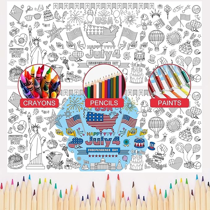 4th of July Giant Coloring Tablecloth,Patriotic Giant Poster 30x72 for Independence Day, Decor American Flag Poster TableCover,Kids Art Crafts Coloring for Classroom School Party Tablecloth