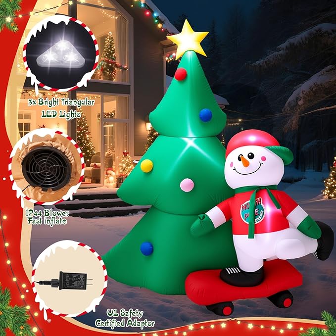 7 FT Christmas Tree Inflatables Outdoor Decortaion, Large Blow Up Christmas Tree with Scooter Boy Snowman, Light Up Inflatable Christmas Decoration for Yard Lawn, Garden, Party