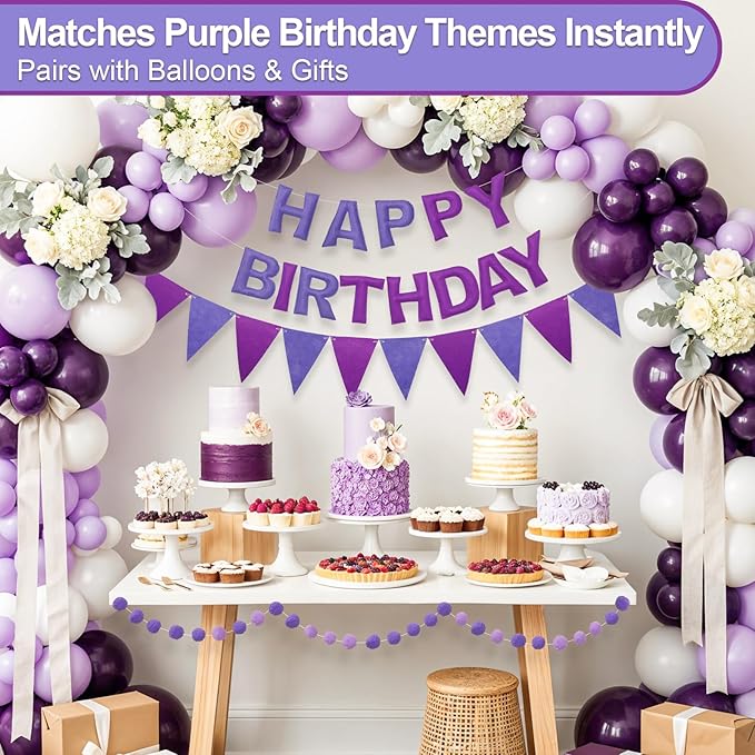 Pre-Strung Happy Birthday Banner & Felt Garland Set - Ombre Purple Birthday Decorations for Women Men Boys Girls | Reusable Party Supplies for Indoor & Outdoor
