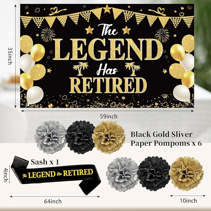 Retirement Party Decorations for Men Black Gold Happy Retirement Party Supplies Kit The Legend Has Retired Banner Backdrop Sash Table Centerpieces Hanging Swirls Pompoms 20PCS