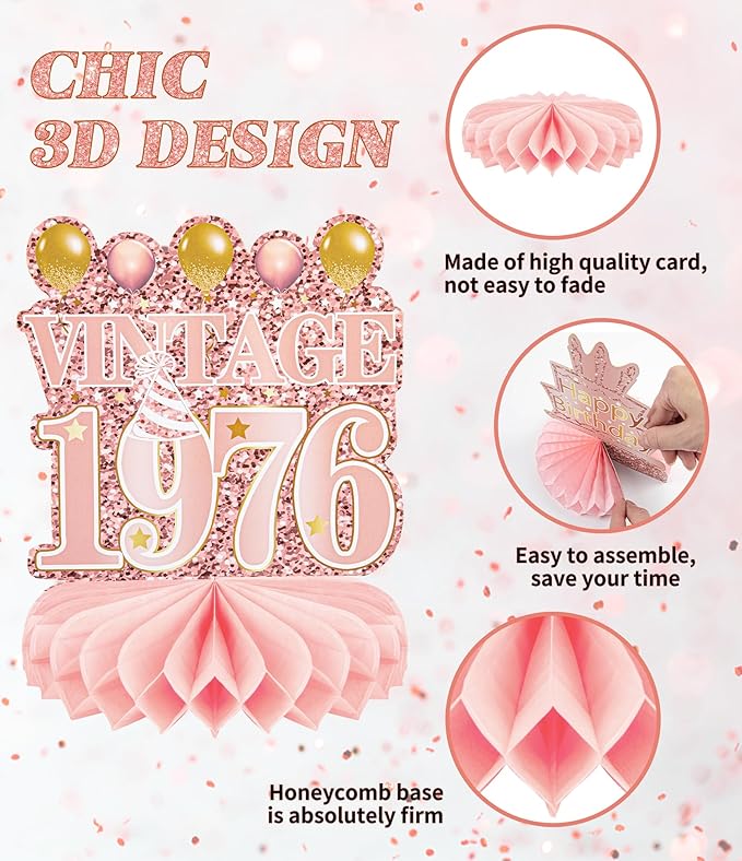 9 Pcs 50th Birthday Decoration for Women Happy 50th Birthday Table Honeycomb Decorations Rose Gold Pink Centerpieces Tables Toppers 1976 Decor Cheers to 50 Years Old Birthday Party Favors