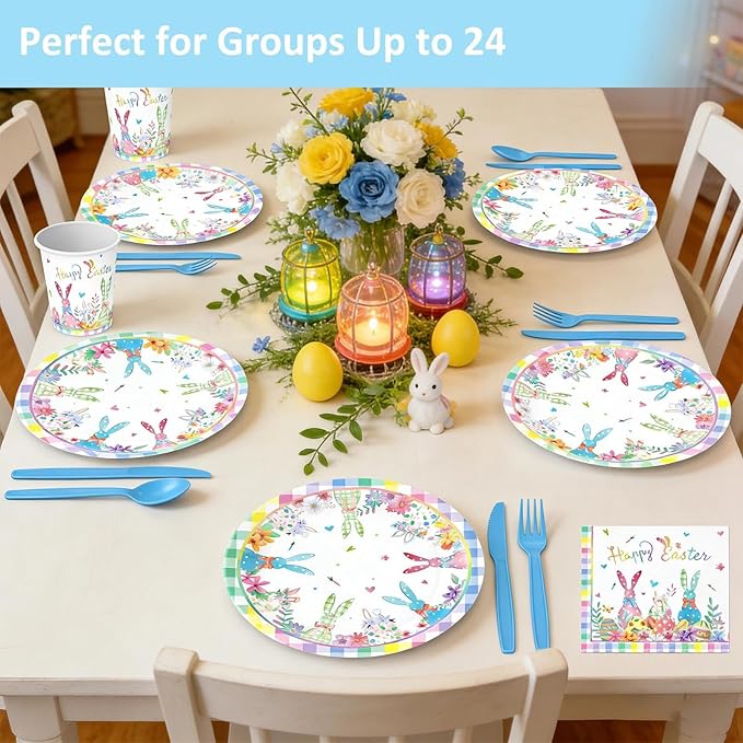 Easter Day Party Disposable Set for 24 Guests - Complete 9'' & 7'' Paper Plates, Napkins, Cups, Knives, Forks & Spoons | Perfect for Easter Brunch, Spring Gatherings, Holiday,Birthday