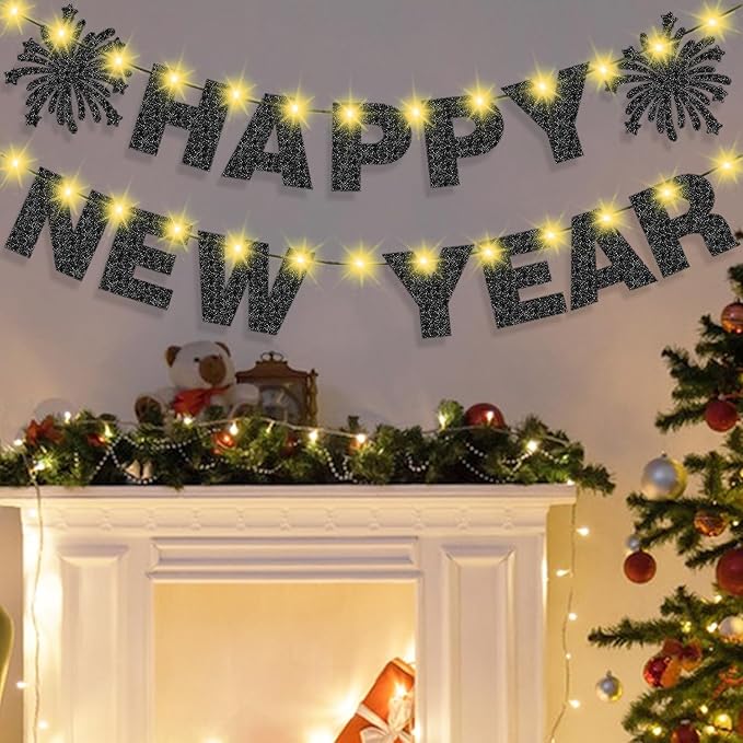 Light Up Happy New Year Banner Black Glitter for New Years Eve Party Decorations Happy NYE Party Home Office Decorations