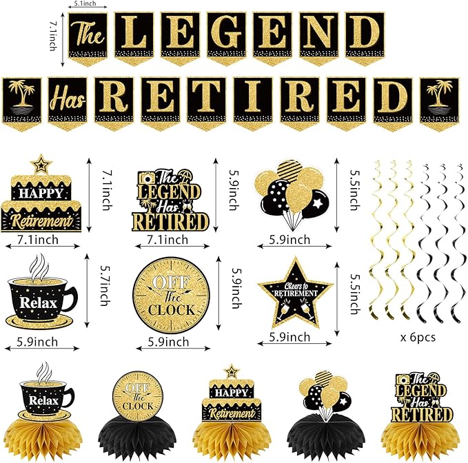 Retirement Party Decorations for Men Black Gold Happy Retirement Party Supplies Kit The Legend Has Retired Banner Backdrop Sash Table Centerpieces Hanging Swirls Pompoms 20PCS