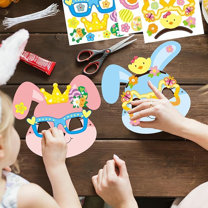 WorldBazaar Easter Bunny Mask Crafts 24 Packs DIY Paper Spring Bunny Mask with Stickers Classroom Family Activities Spring Crafts Easter Party Supplies