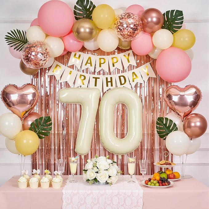 70th Birthday Decorations for Women, Retro Sand White and Cream Balloon Garland Kit, Cream Number 70 Balloon, Pink Happy 70th Banner, Milestone Party Supplies