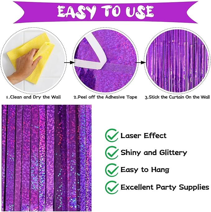 Purple Tinsel Foil Fringe Curtain Backdrop, 2 Pack Metallic Glitter Curtains Party Decorations Streamers, Xmas Purple Backdrop for Birthday Wedding Bridal Shower Homecoming New Year