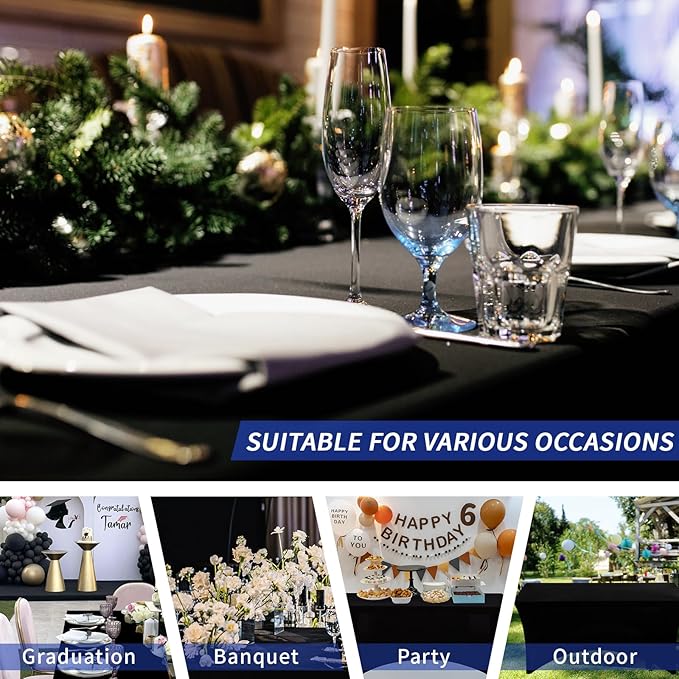 Fixwal 3 Pack Black Table Cloths Rectangle 8FT, Tablecloths Rectangular Stretch Spandex Fitted Table Covers 8 FT for Parties, Trade Shows, Banquet, Weddings, Buffet, Graduation Decorations