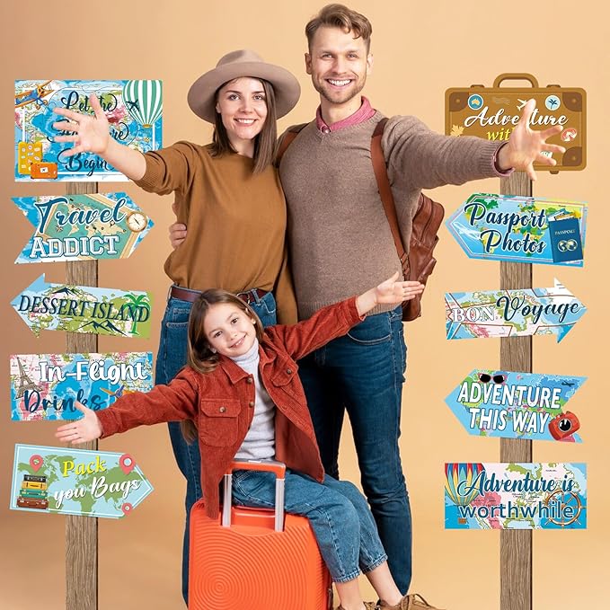 20 Pieces Travel Party Signs Travel Themed Party Decorations Let The Adventure Begin Sign Around the World Decorations Bon Voyage Party Wall Door Porch Yard Sign Travel Party Supplies