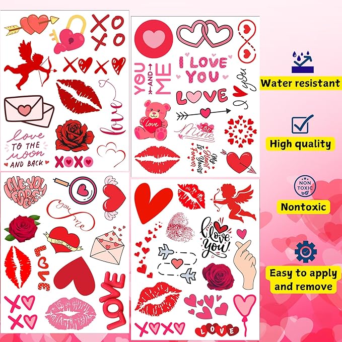 Valentine Temporary Tattoos Valentine Decorations Party Favors Love Kiss Heart Rose Lips Rose Party Supplies Accessories Gift Idea For Couple Stickers Décor Kids Boy Girls Teens Adult