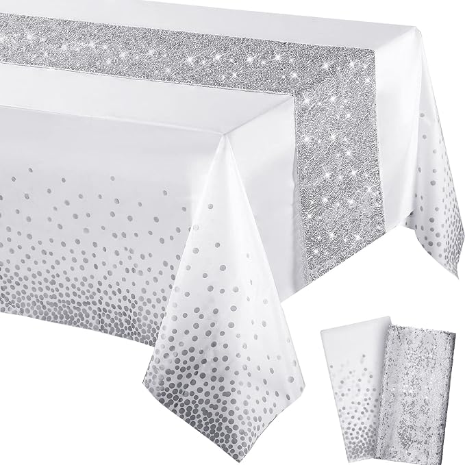 Irenare Tablecloth and Sequin Table Runner Set Polka Dots Confetti Table Cover Dining Plastic Tablecloths Glitter Decorations for Birthday Wedding Anniversary Party Supplies(White, Silver,2 Pcs)