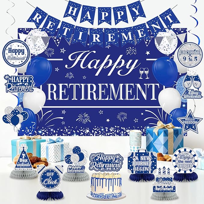 Retirement Party Decorations for Men Women Blue Silver Happy Retirement Banner Backdrop Honeycomb Centerpiece Cake Topper Hanging Swirl Set