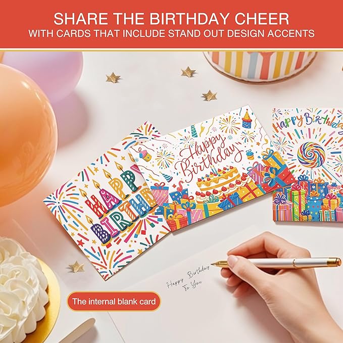 20pcs Birthday Cards, Messages, Envelopes, and Stickers | 4x6 Inch Happy Birthday Cards Bulk for Family, Kids, Friends, Work, and Office Celebrations. (20 Pcs Cards With Firework patterns)