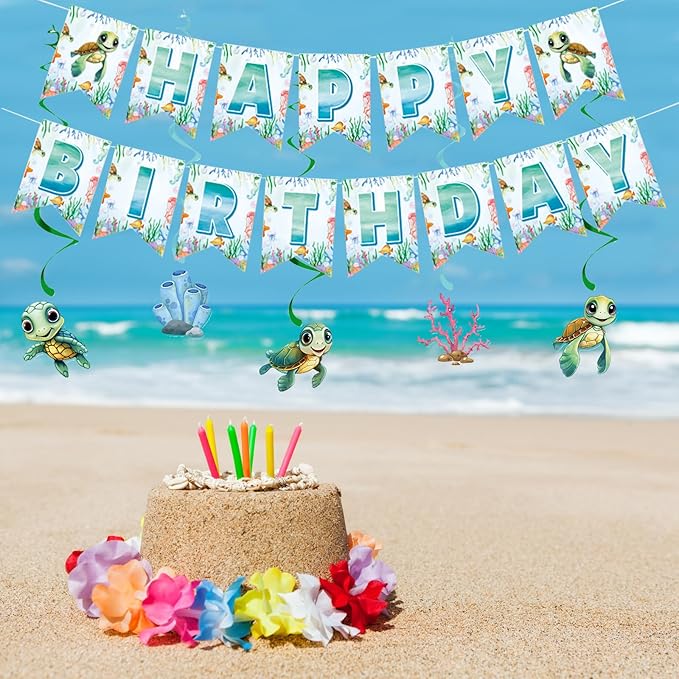 Zwiebeco Sea Turtle Happy Birthday Party Decoration Banner Bunting Garland Hanging Paper Swirls Kit for Ocean Animals Marine Organism Themed Boys Girls Kids Baby Shower Accessories Supplies