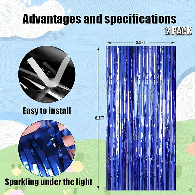 Valentines Day Keyali 2 Pack 3.3 * 8.3 ft Foil Curtain Metallic Tinsel Fringe Curtains Photo Booth Props Backdrop for Birthday Wedding Engagement Baby Shower Christmas Holiday Celebration Partyl,Blue