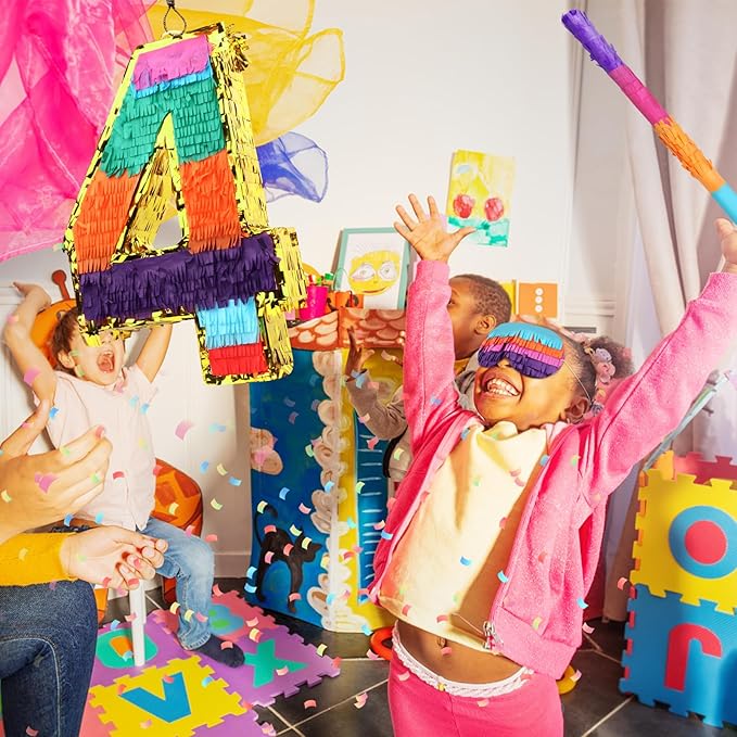 Rainbow Number 4 Pinata for Kids 4th Birthday Party Supplies, Fiesta, Centerpieces, Anniversary Celebrations (16.1 x 10.6 x 3.2 Inches)