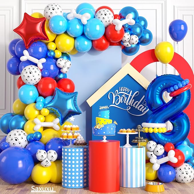 8th Birthday Decorations Boy, Dog Paw Eight Years Old Party Arch with Red Blue Yellow Long Latex Balloons 40 inch Number 8 Balloon and Star Foil for Paw Birthday Party Supplies