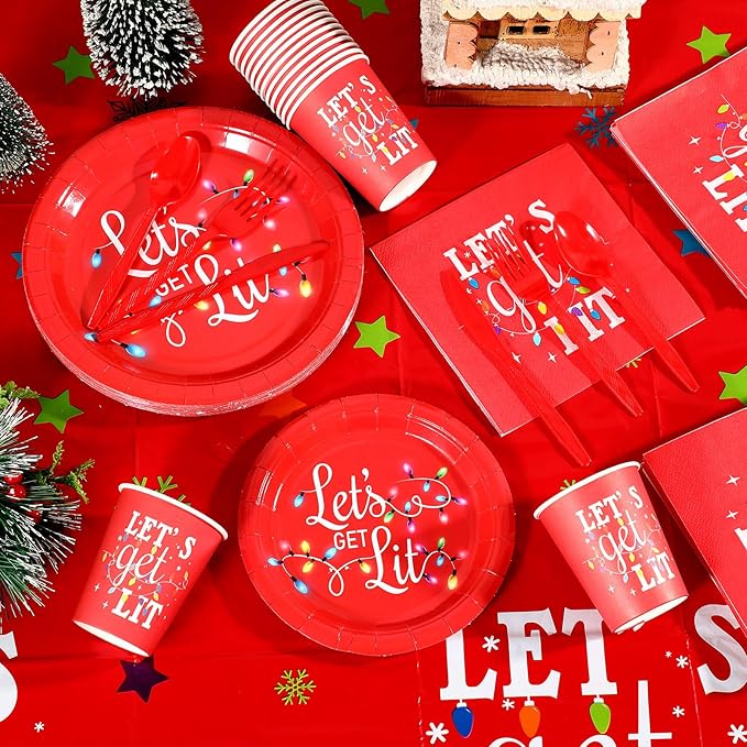 Baderke 195 Pcs Christmas Party Supplies Let's Get Lit Disposable Tableware Set Red Christmas Plates Tablecloth Banner Napkins Cups Forks Knife Spoon Friendsmas Xmas Holiday Decorations for 24 Guests