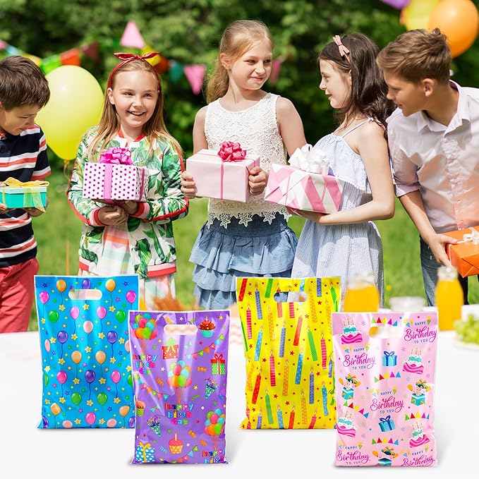 ZYLOP 100pcs Birthday Party Favor Bags - Plastic Happy Birthday Goodie Loot Gift Bags for Kids Girls & Boys Birthdays Party Supplies, Packaging Candy Treat Toys and Party Favors (6.5 x 9.8 Inches)